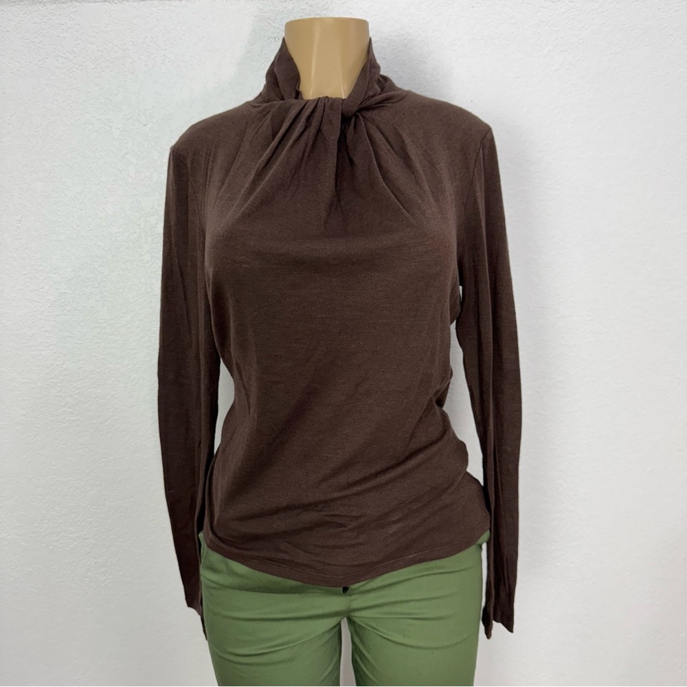 MaxMara Brown Ruched mock neckline shirt soft light weight Long Sleeve Blouse L